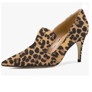 YDN Leopard Stiletto Heels Slip on Loafer Pumps Pointy Toe Slide Suede Prom Shoe
